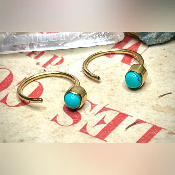 18k Gold Plated Sterling Silver Dry Creek Turquoise Huggie Hoop No Back Earrings - Picture 8 of 11